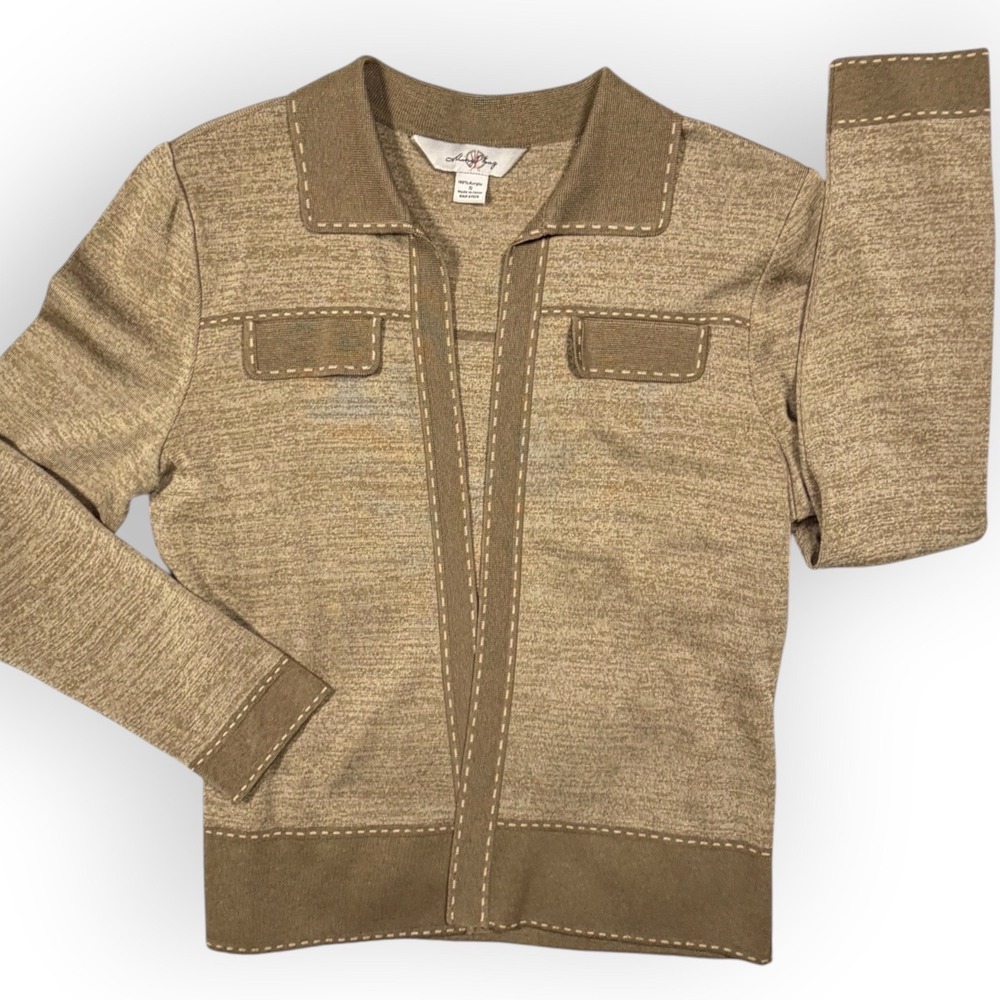 Ming Wang Womens Knit Cardigan Jacket Tan Whipstitch Minimalist Open Front Sm